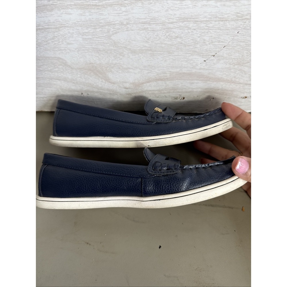Tommy Hilfiger Navy Blue Monogram Leather Penny Loafers Sz 6.5 - Picture 7 of 9